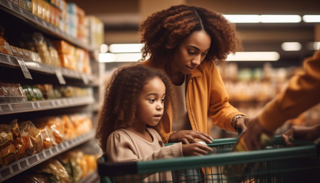 Mãe comprando presente com criança